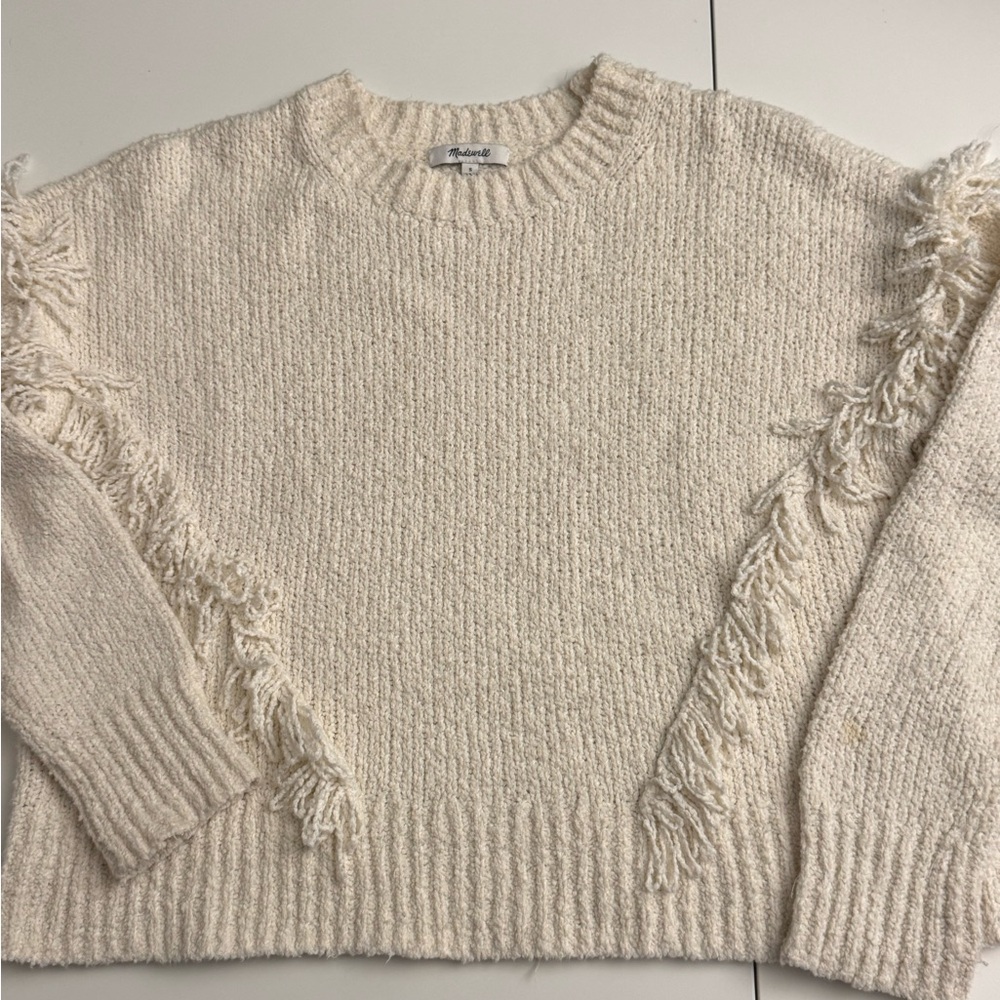 Madewell Montford Fringe Pullover Cream Crew Neck Sweater Cotton Blend Sz S - Picture 4 of 8